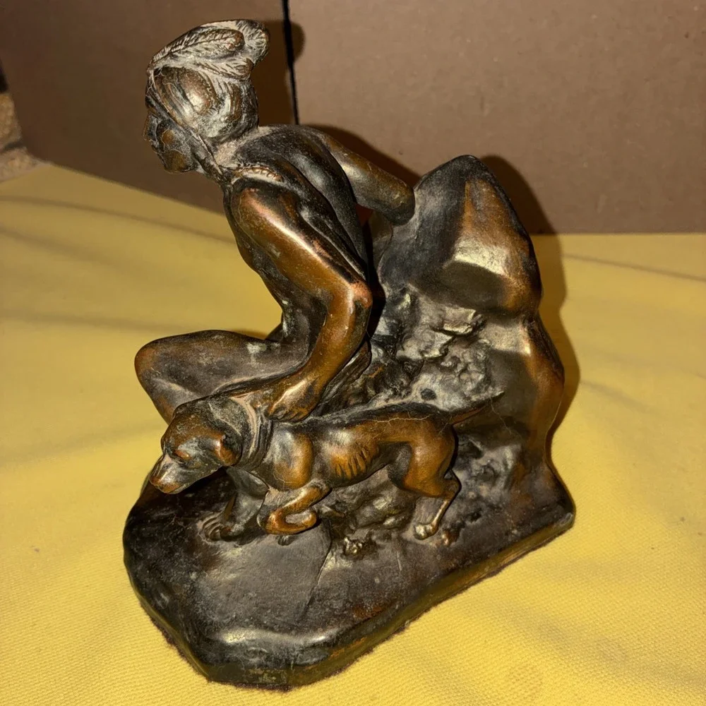 Vintage Bronze Native American Indian Hunting with Dog Book Bookend
